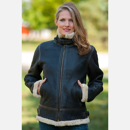 Women's Vintage Sheepskin Bomber Jacket with Hood