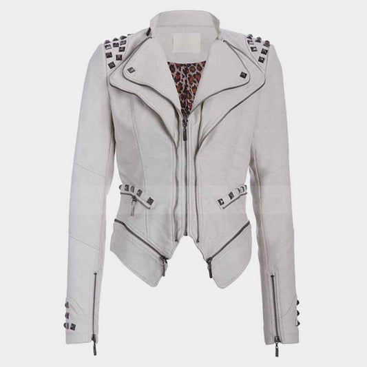 Women white studded punk leather jacket front view with zip closure