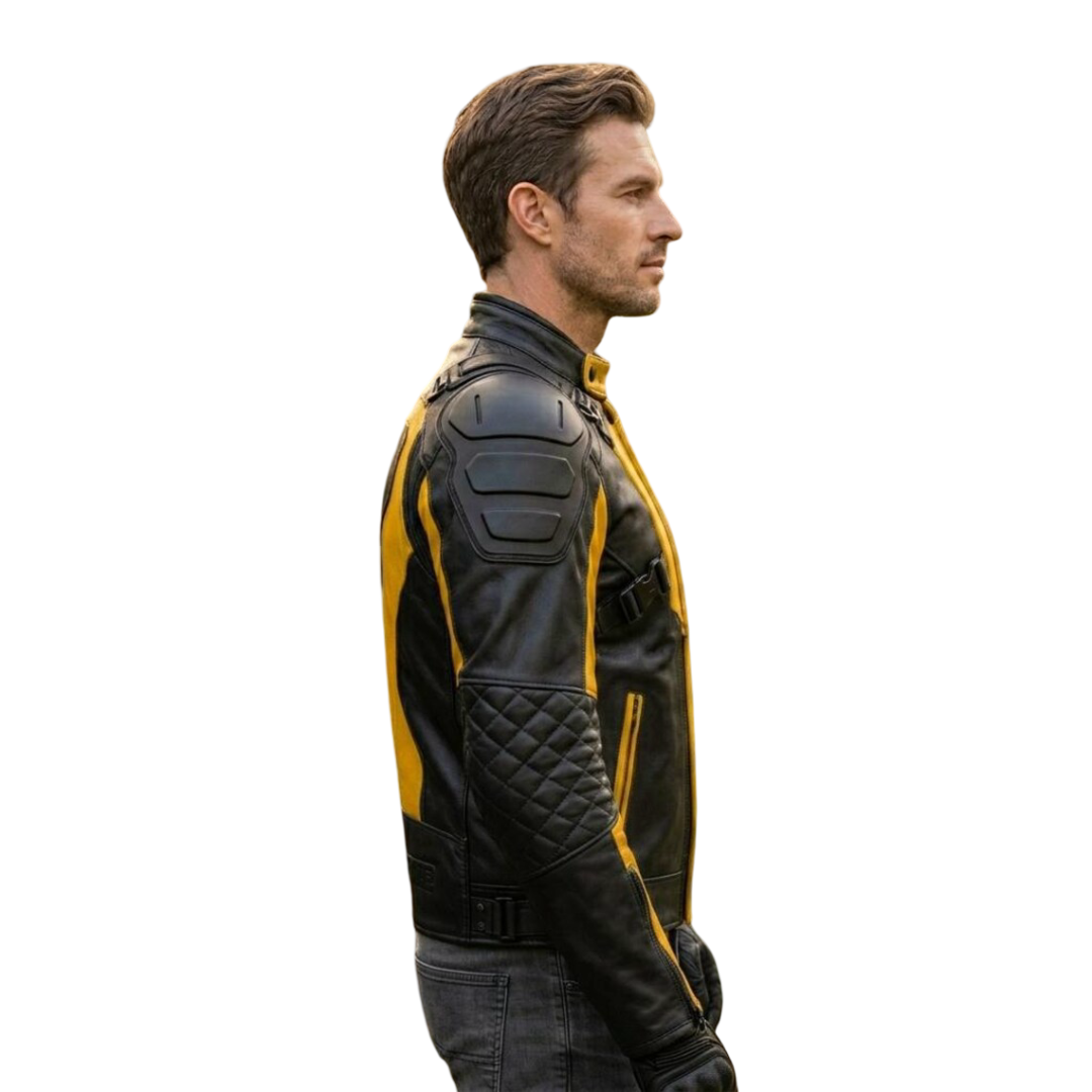 Side profile of yellow and black leather motorcycle coat for men