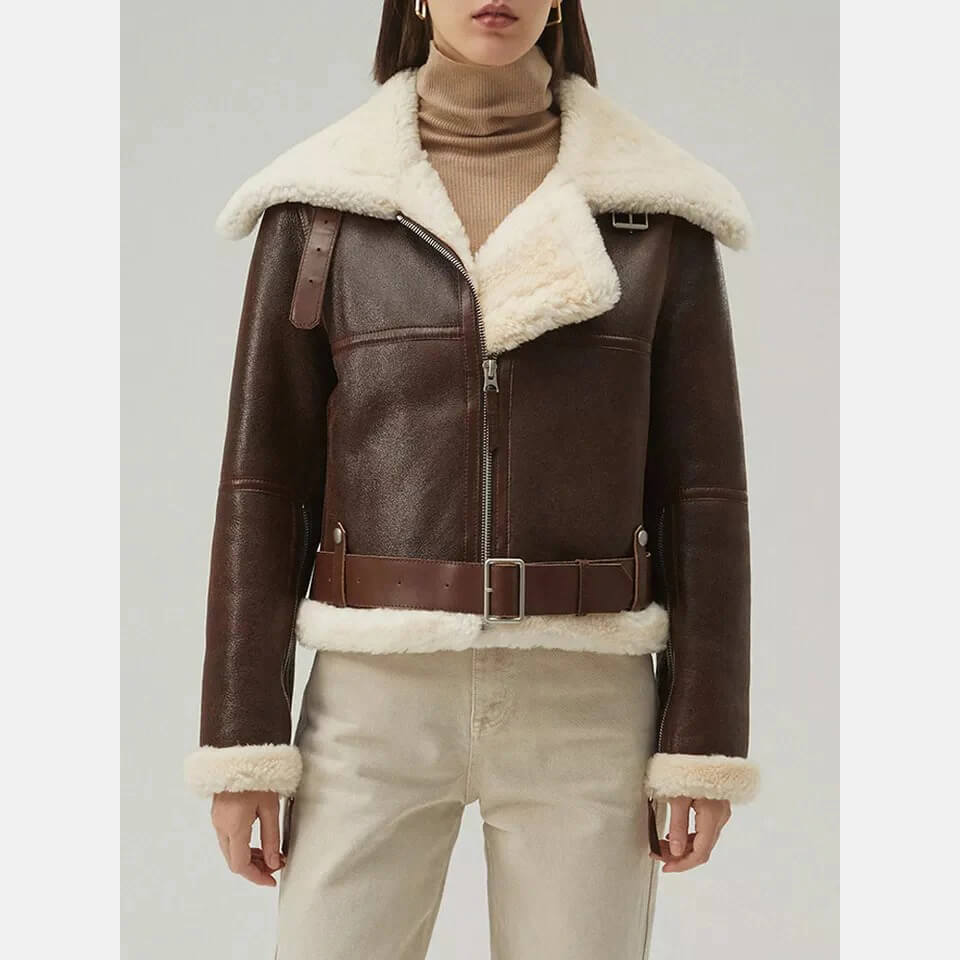 Dark Brown Leather Shearling Aviator Coat - Shearling Jacket