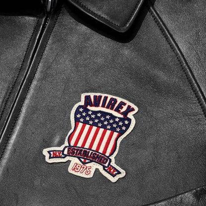Men's black leather varsity jacket with front zip closure