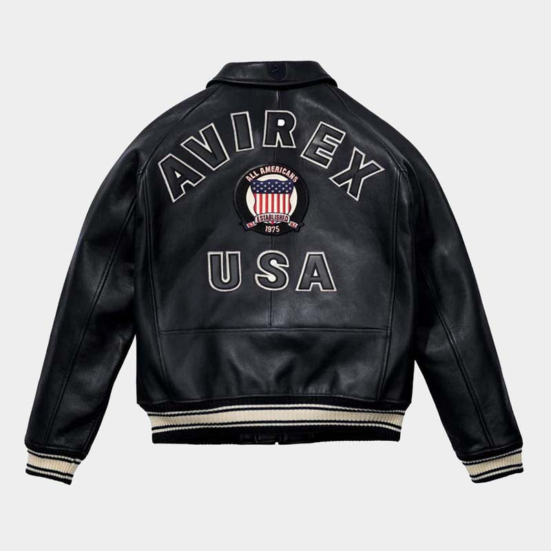 Men's genuine leather bomber jacket with USA varsity patch