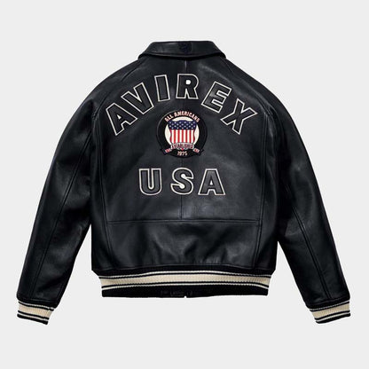 Men's genuine leather bomber jacket with USA varsity patch