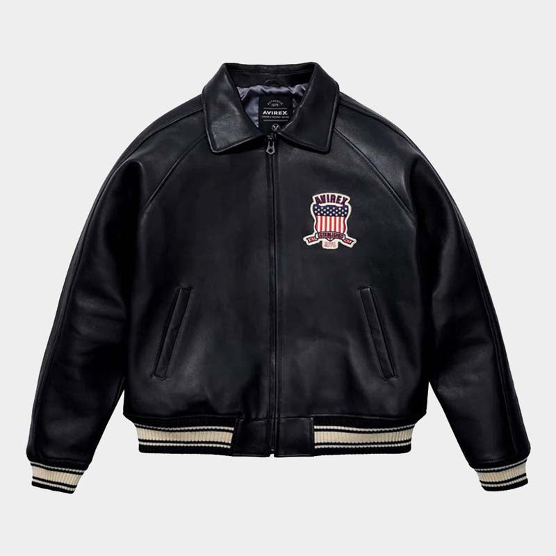 Avirex USA men's black leather varsity jacket with embroidered patch