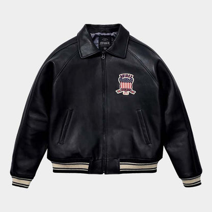 Avirex USA men's black leather varsity jacket with embroidered patch