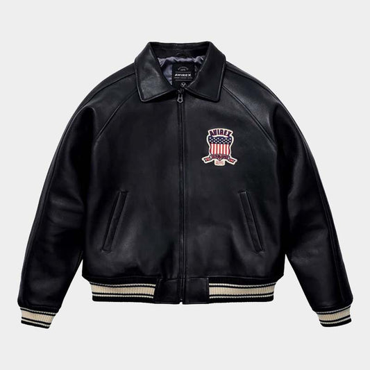 Avirex USA men's black leather varsity jacket with embroidered patch