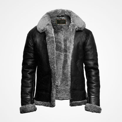 Men's B3 Black Fur Bomber Pilot Leather Jacket