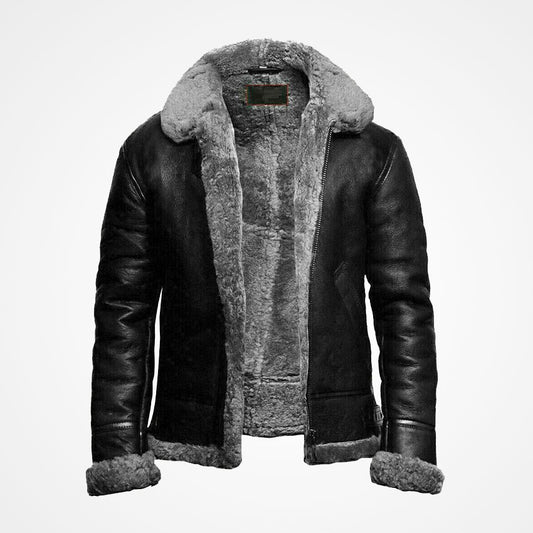 Men's B3 Black Fur Bomber Pilot Leather Jacket