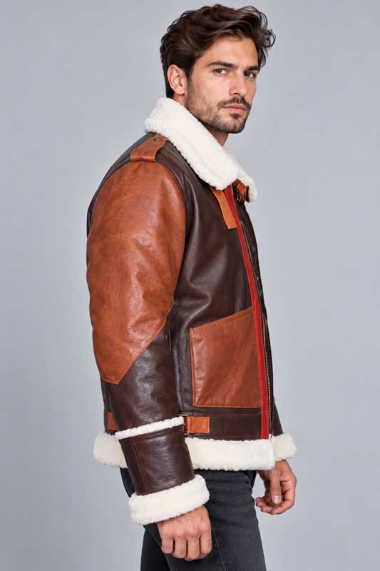 Military-inspired leather bomber jacket with a viscose lining