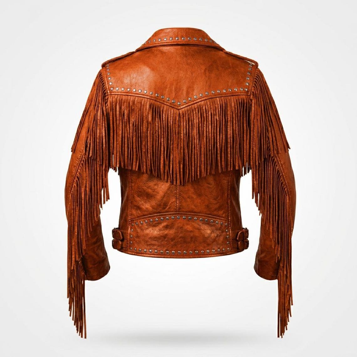 Back design of women western biker orange leather jacket with fringe detail