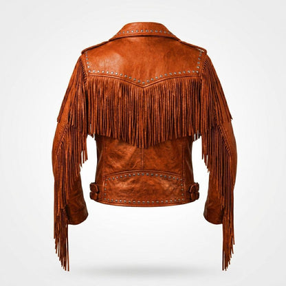 Back design of women western biker orange leather jacket with fringe detail