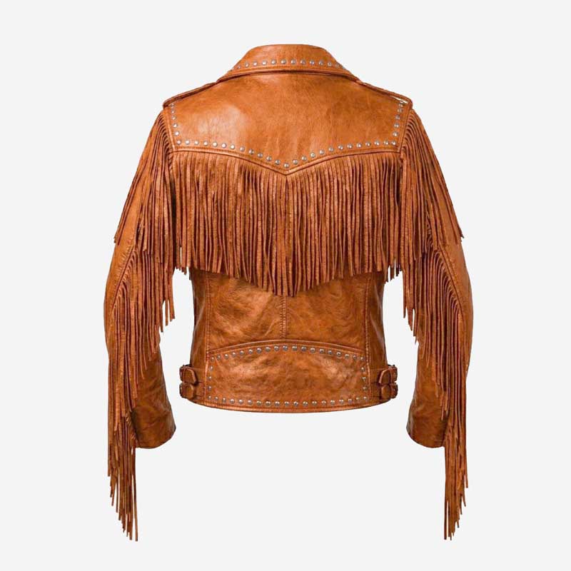 Women Orange Fringe Studded Leather Jacket Western Biker Style