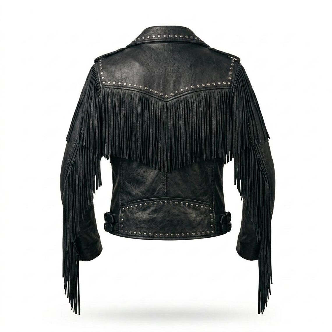 Back view of black fringe studded leather jacket with long sleeve fringe