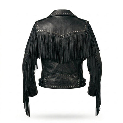 Back view of black fringe studded leather jacket with long sleeve fringe