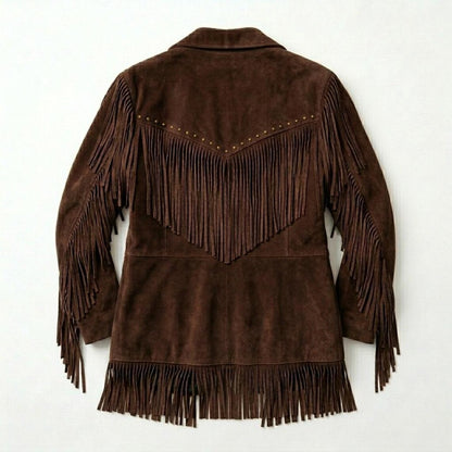 Back view of brown suede leather fringe jacket with full fringe design