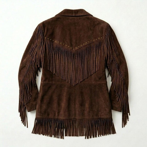 Women Brown Suede Leather Fringe Jacket Western Boho Biker Style
