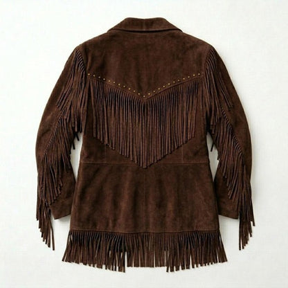 Women Brown Suede Leather Fringe Jacket Western Boho Biker Style