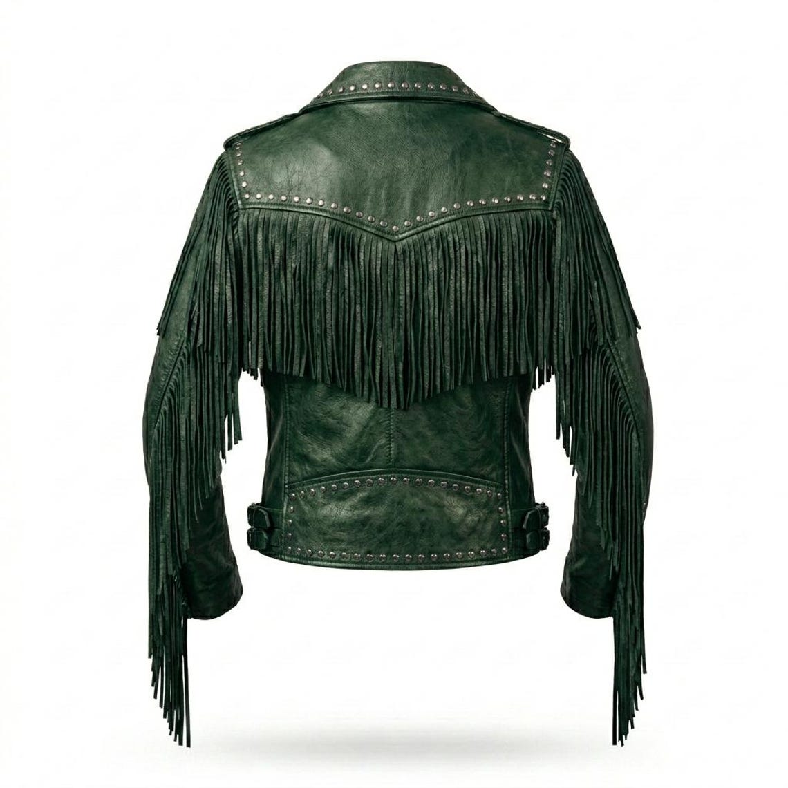 Back view of green western studded moto leather jacket with long fringe