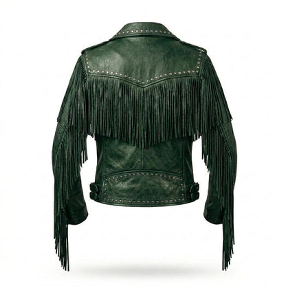 Back view of green western studded moto leather jacket with long fringe