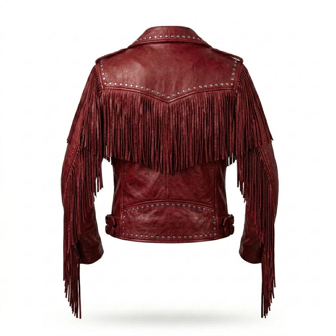 Back view of women red studded moto leather jacket with flowing fringe