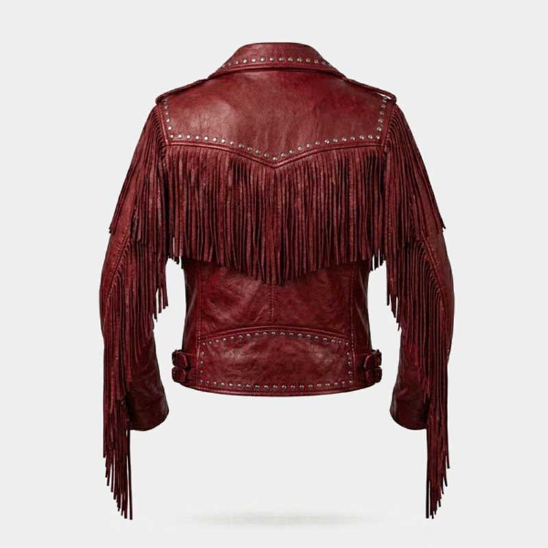 Women Red Fringe Studded Leather Biker Jacket