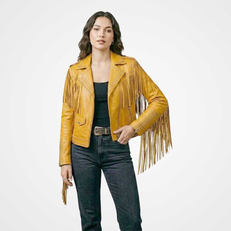 Women Yellow Fringe Leather Jacket Studded Western Biker Style
