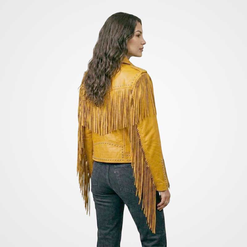 Women Yellow Fringe Leather Jacket Studded Western Biker Style