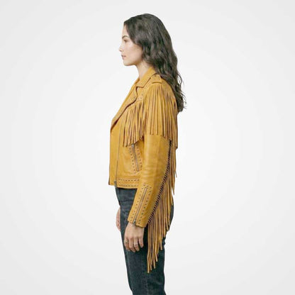Women Yellow Fringe Leather Jacket Studded Western Biker Style