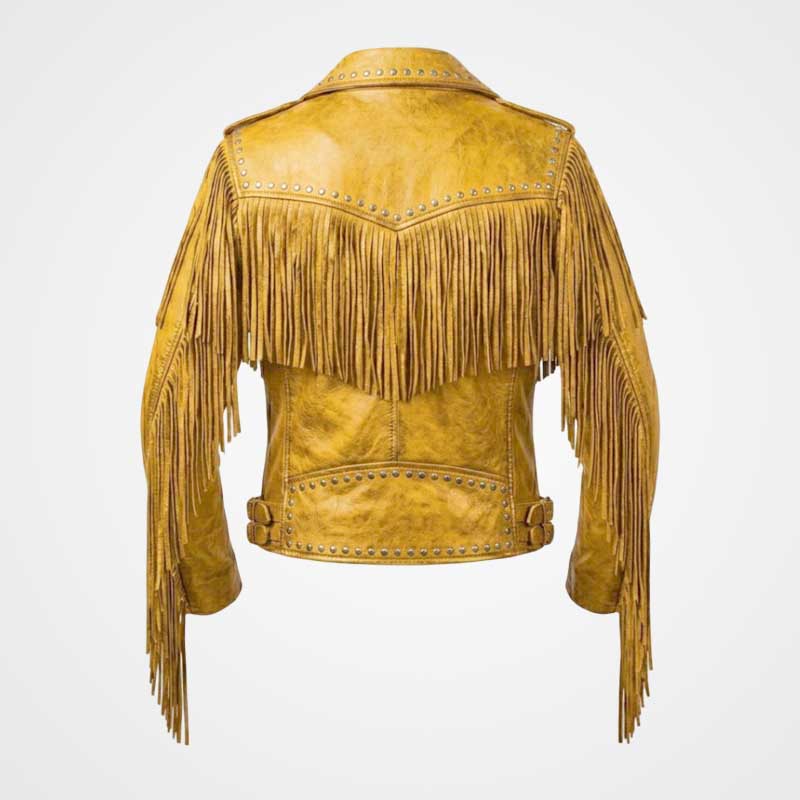 Women Yellow Fringe Leather Jacket Studded Western Biker Style