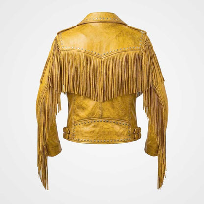 Women Yellow Fringe Leather Jacket Studded Western Biker Style