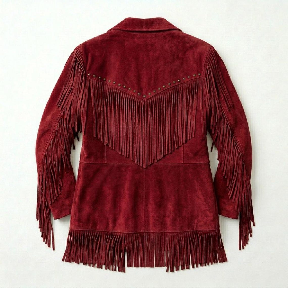 Back view of western red suede fringe jacket with extended fringe

