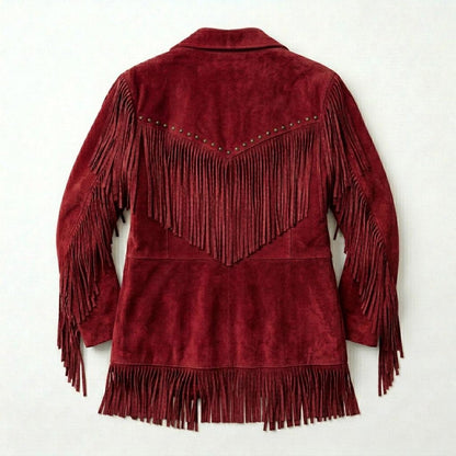 Back view of western red suede fringe jacket with extended fringe

