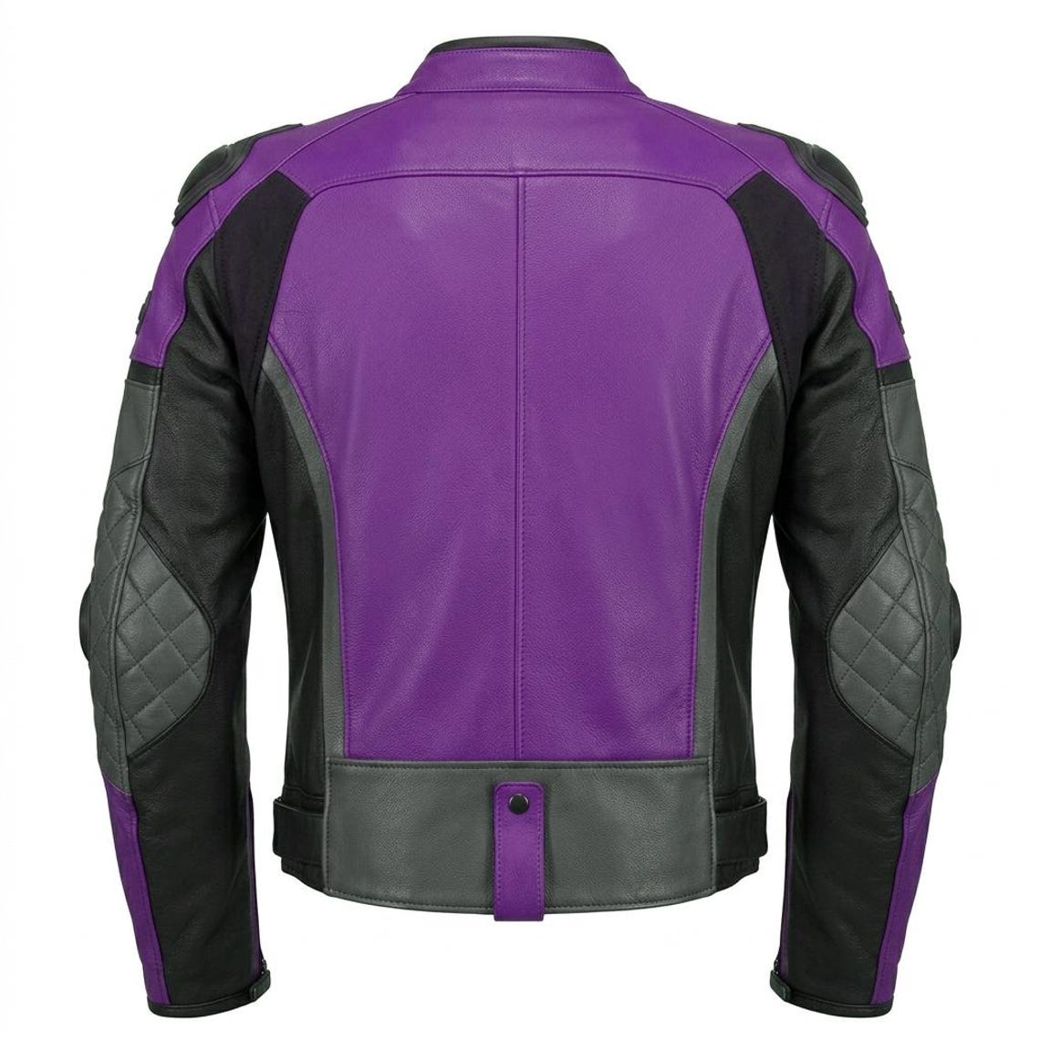 Back design of men purple leather motorcycle jacket