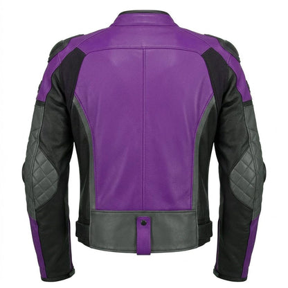 Back design of men purple leather motorcycle jacket