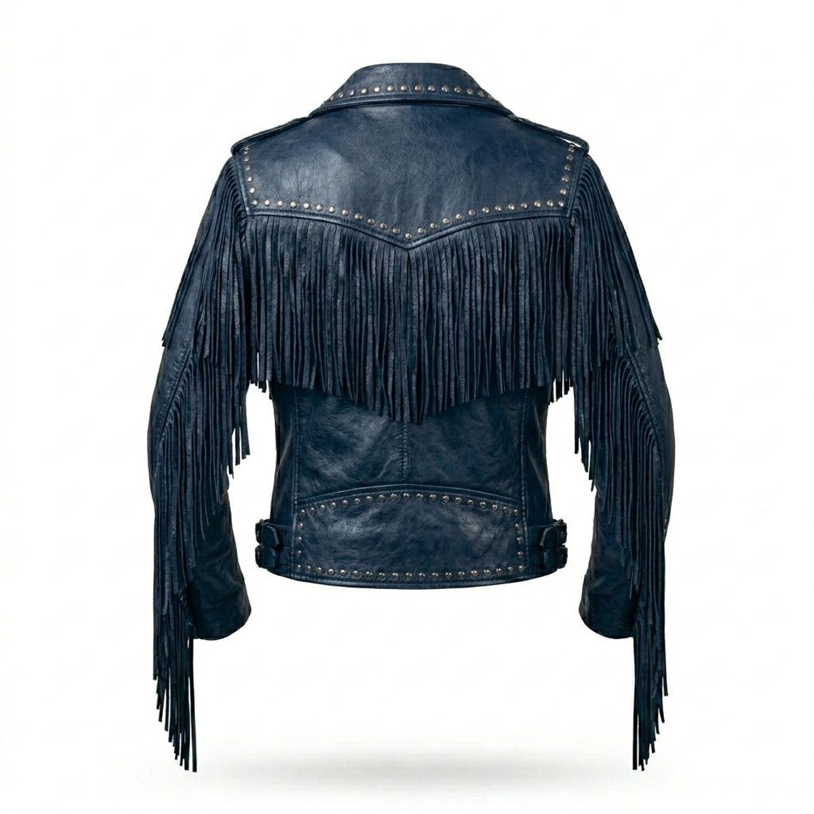Back view of blue western fringe leather moto jacket