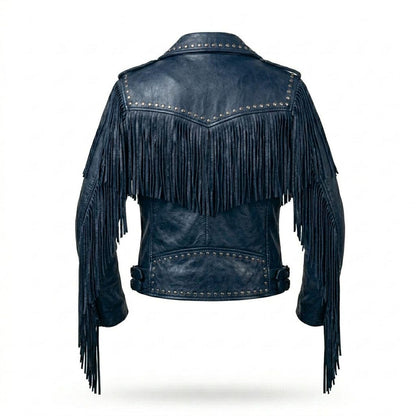 Back view of blue western fringe leather moto jacket