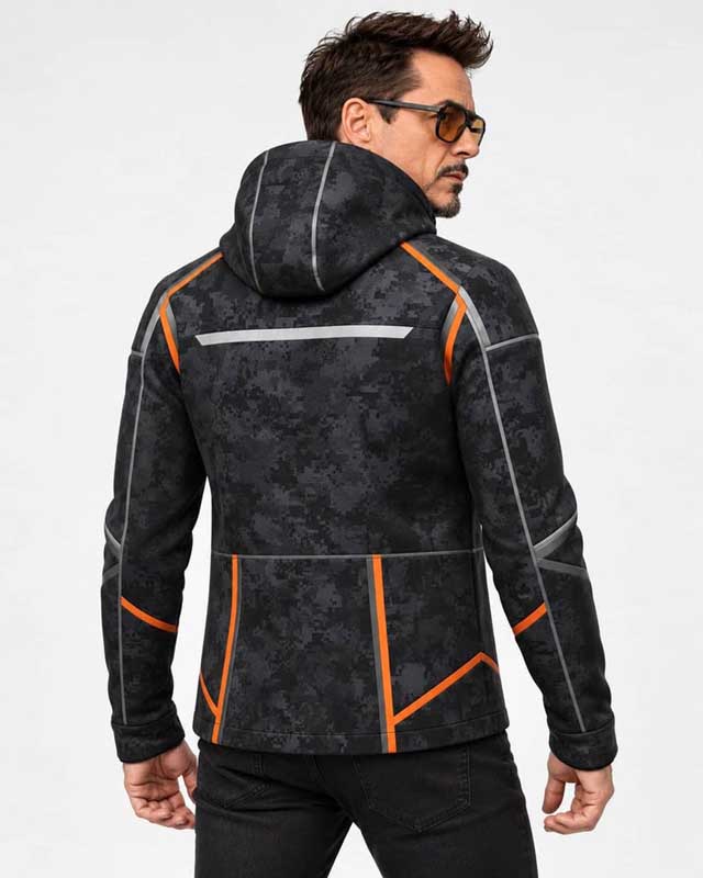 Avengers Infinity War Tony Stark Hooded Jacket back view showing contrasting camouflage lines
