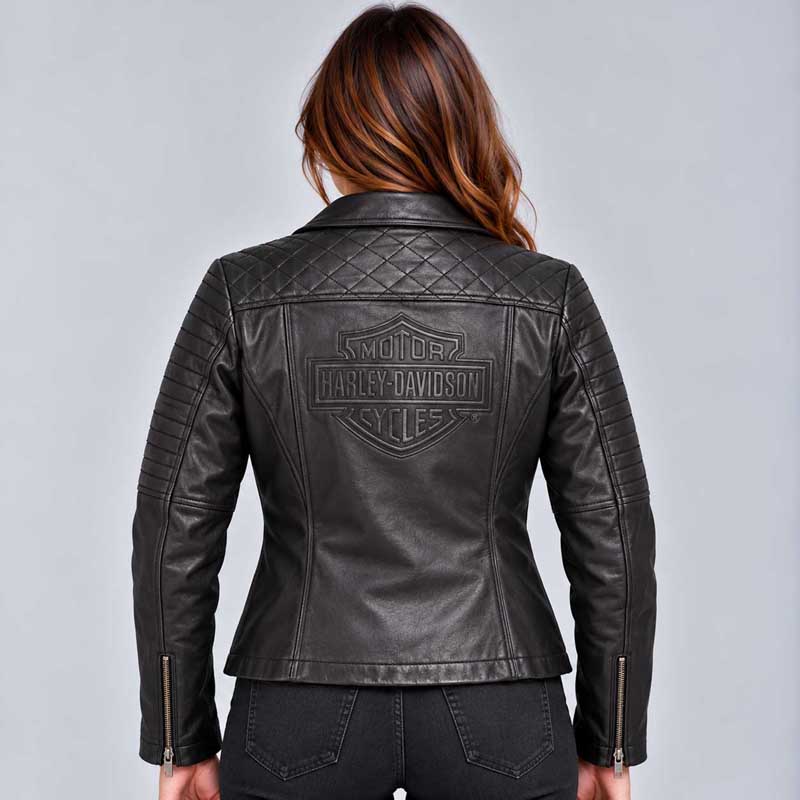 Back view of Harley Davidson Women's Classic Black Biker Leather Jacket. 