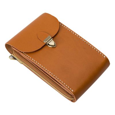 Brown leather wallet with gold zipper and clasp on a white background