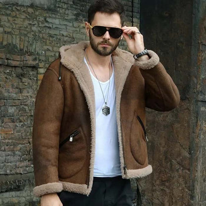 Dark brown men's aviator jacket with a hooded collar