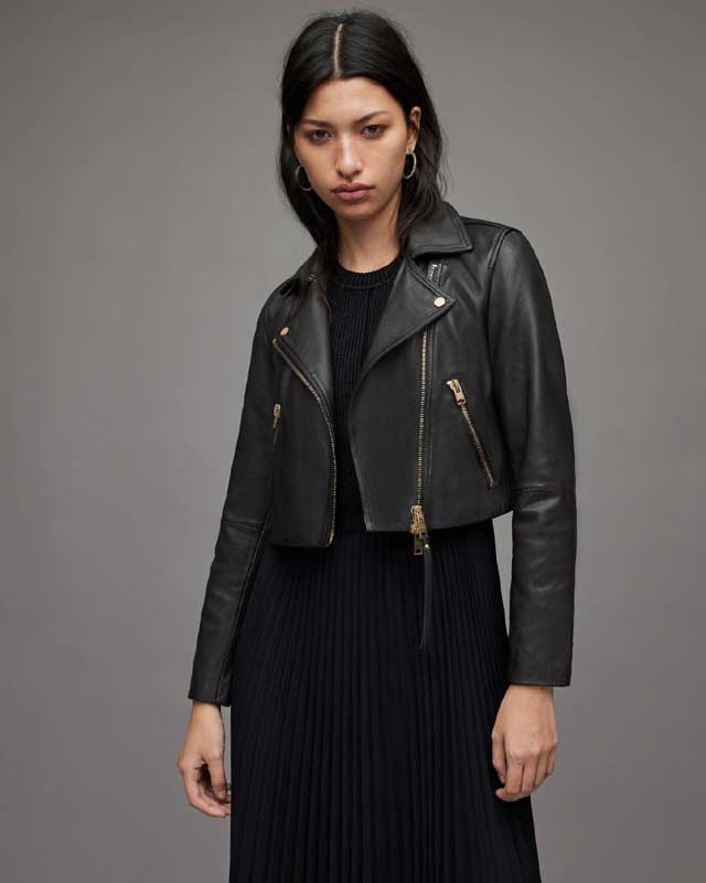 Women's cropped black sheepskin leather biker jacket front view