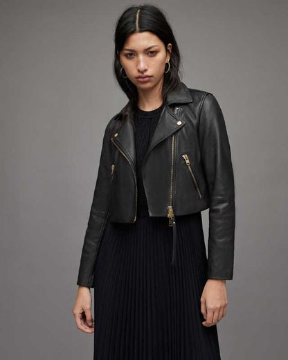 Women's cropped black sheepskin leather biker jacket front view