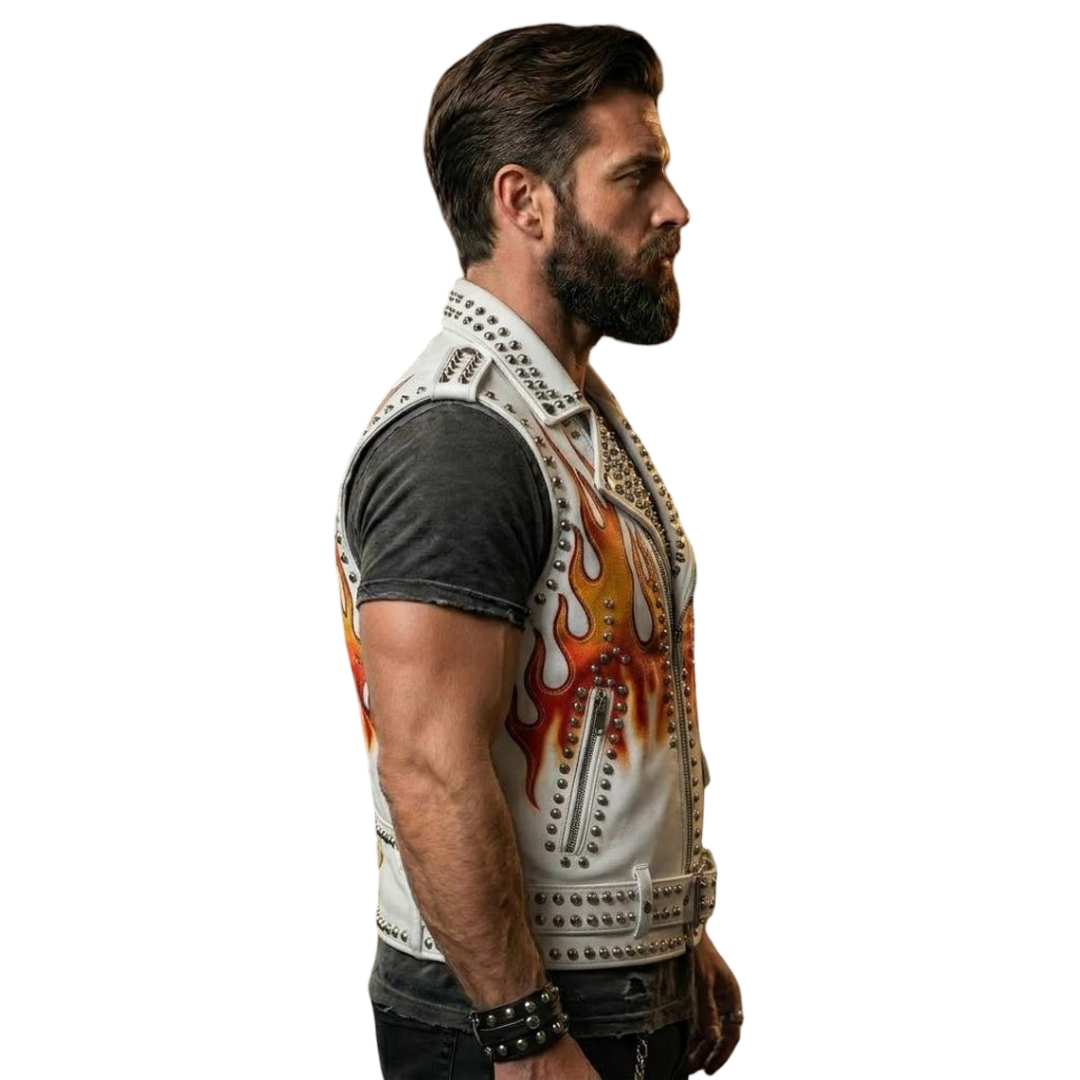 Side angle of men’s flame print cowhide leather motorcycle vest