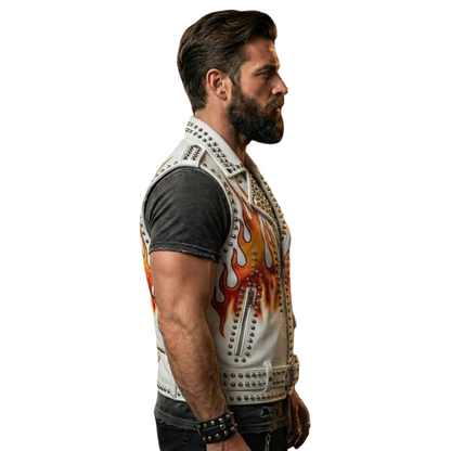 Side angle of men’s flame print cowhide leather motorcycle vest