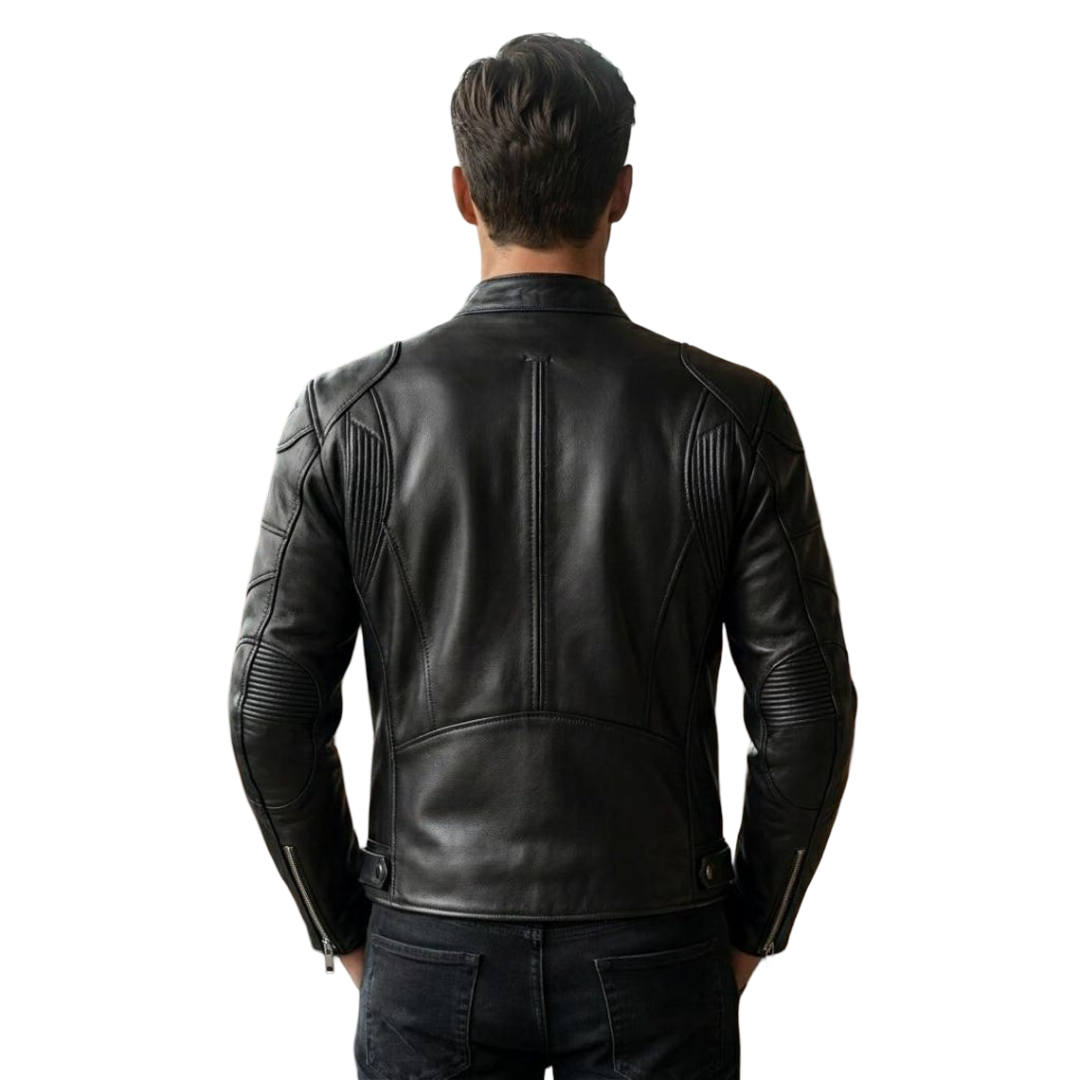 Back view of black biker armor leather jacket for men