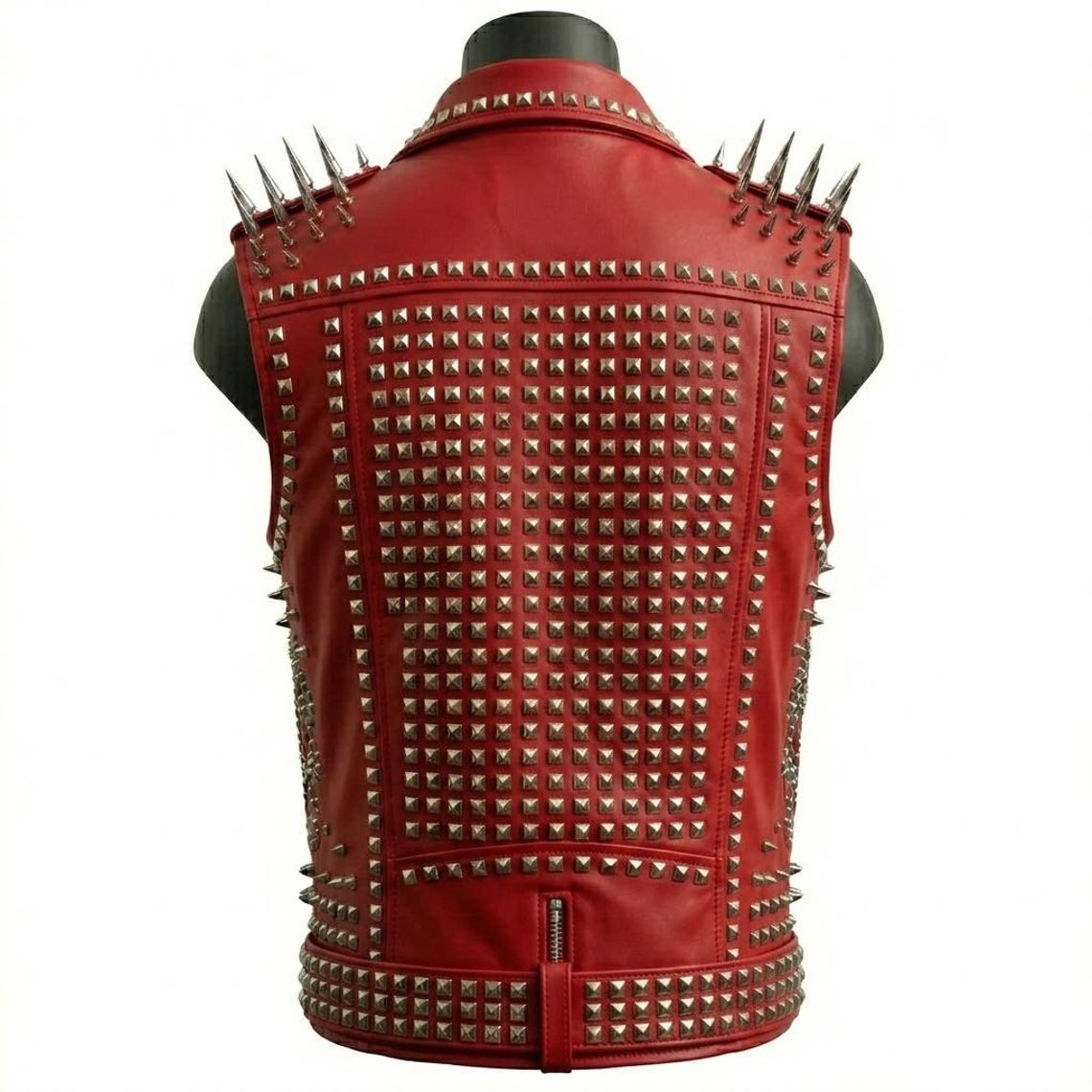  Back view of black cowhide heavy studded biker vest for men