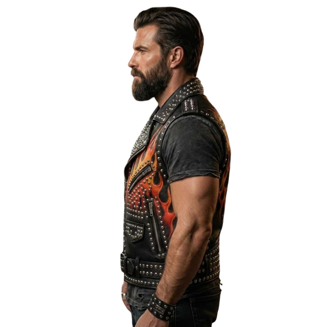 Side profile of men biker club leather vest with stud accents