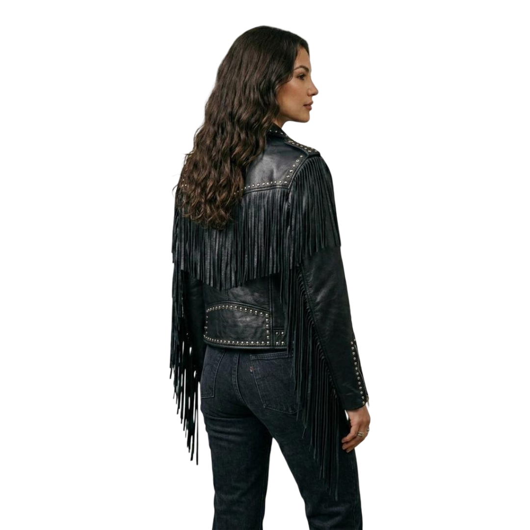 Back view of black fringe studded leather jacket with long sleeve fringe


