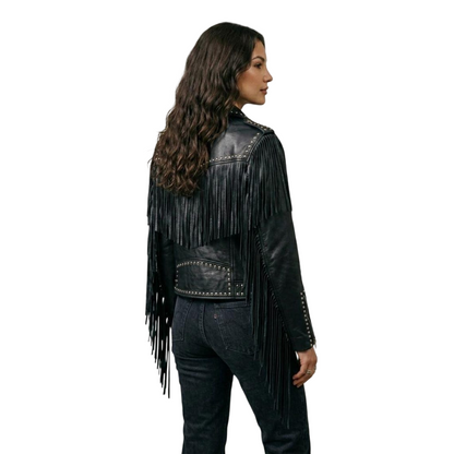 Back view of black fringe studded leather jacket with long sleeve fringe

