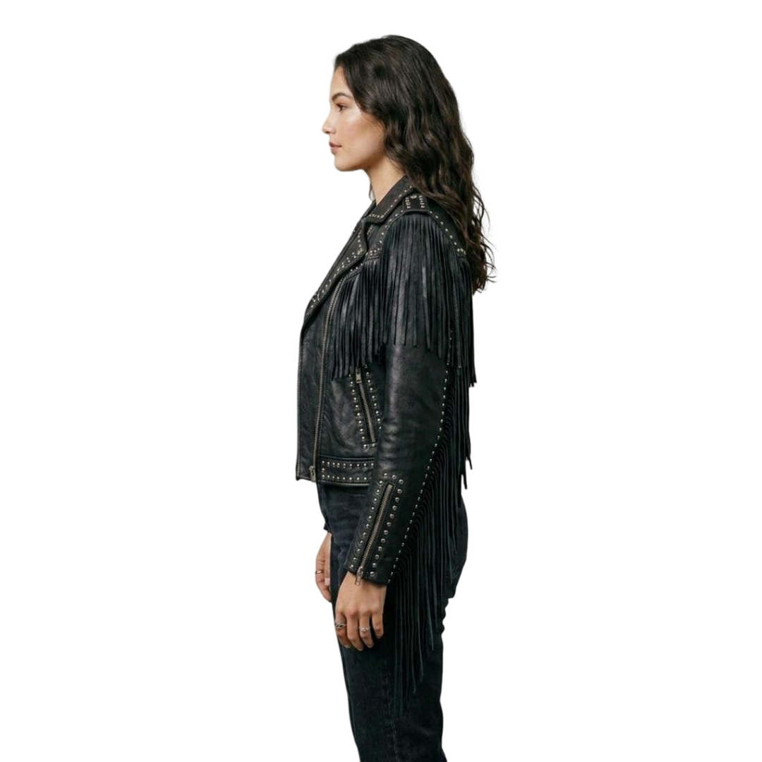 Side angle of women black fringe leather moto jacket with stud detail